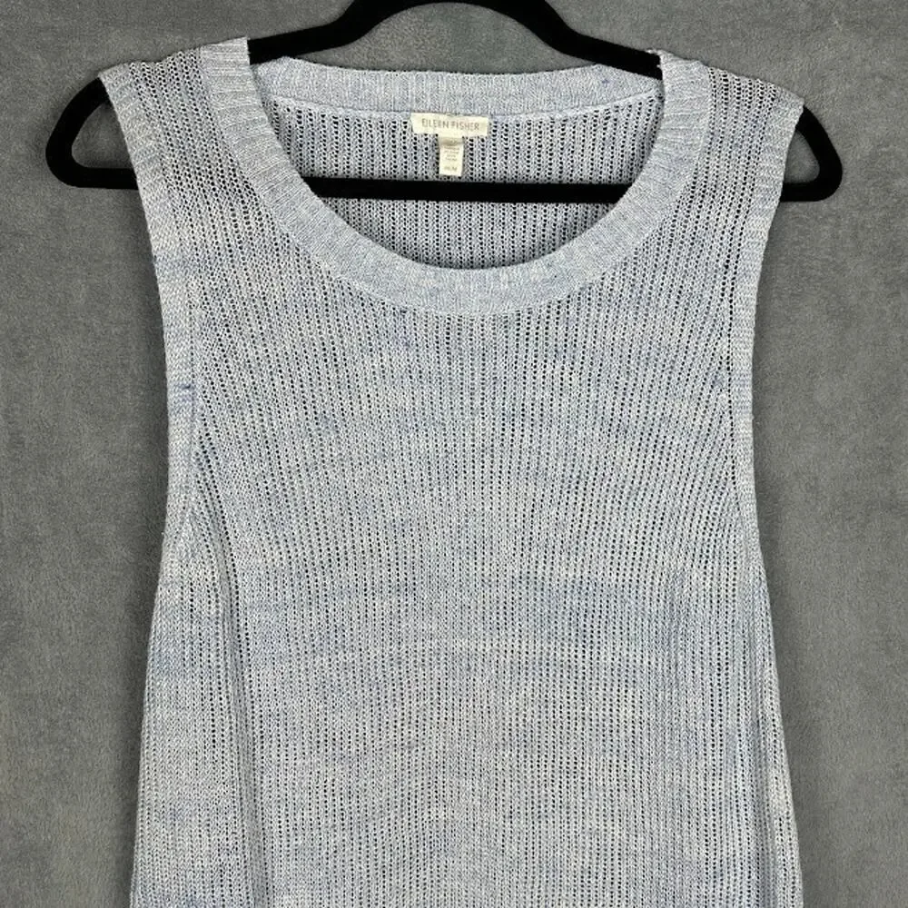 Eileen Fisher Sweater Womens Medium Blue Linen Sleeveless Luxury Resort Preppy - Picture 2 of 12
